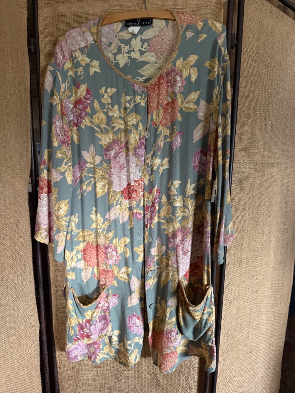 Carole Little Green Floral Rayon Jacket with Pockets Size 12